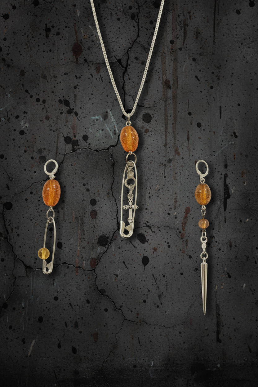 Amber Glass Safety Pin Necklace & Chain Earrings Set | Haus of Alt