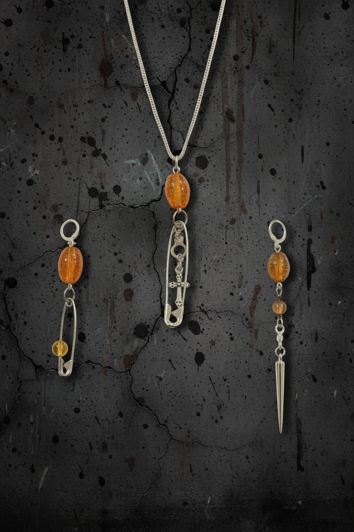 Amber Glass Safety Pin Necklace & Chain Earrings Set | Haus of Alt