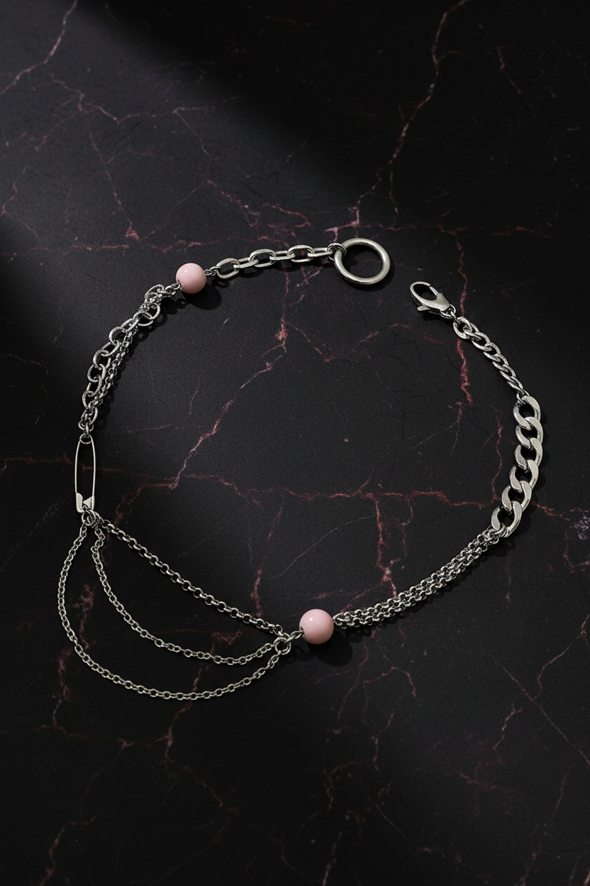 Stainless Steel Safety Pin & Pink Bead Chain Necklace | Haus of Alt