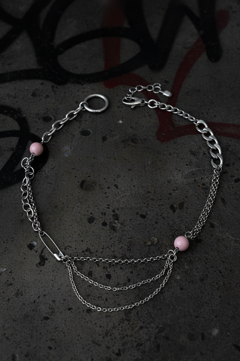 Stainless Steel Safety Pin & Pink Bead Chain Necklace | Haus of Alt