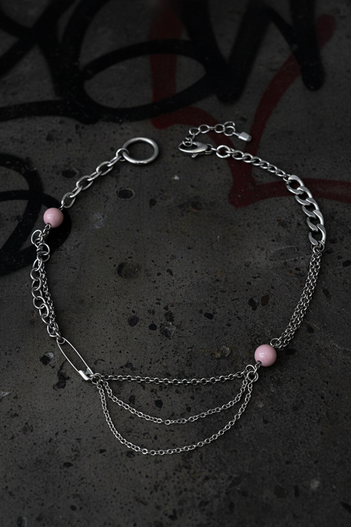 Stainless Steel Safety Pin & Pink Bead Chain Necklace | Haus of Alt