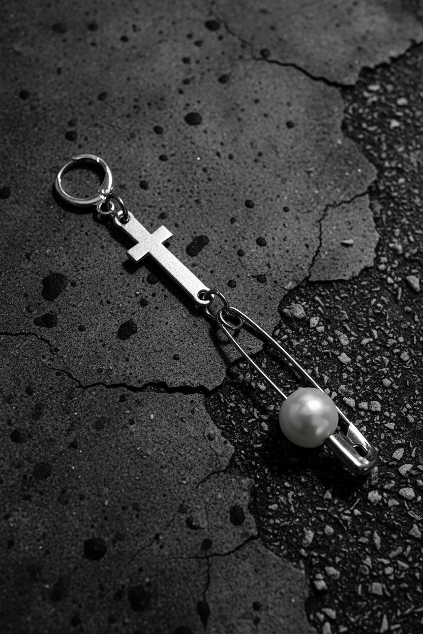 Cross & Pearl Safety Pin Drop Earring (Single) | Haus of Alt