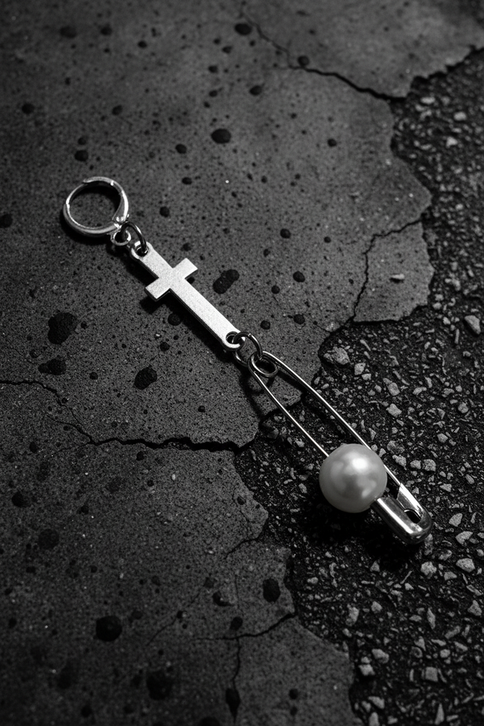 Cross & Pearl Safety Pin Drop Earring (Single) | Haus of Alt
