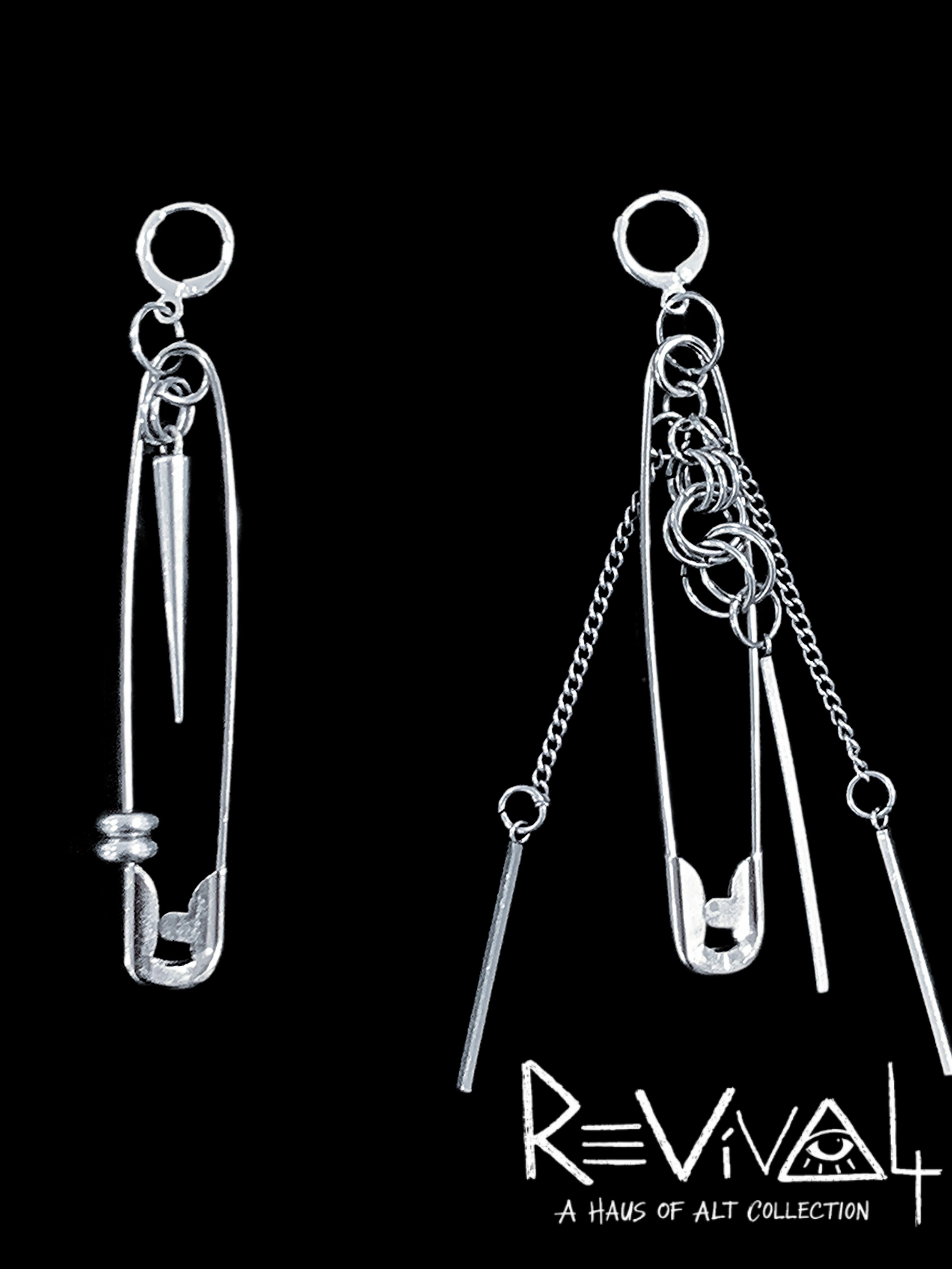 Revival Asymmetrical Safety Pin Chain Earring Set | Industrial Statement Jewelry - Haus of Alt